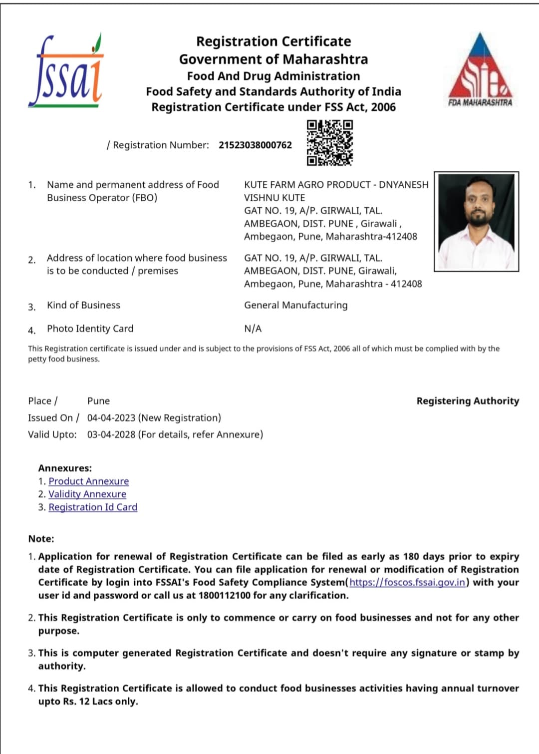 Kute Farm FSSAI License